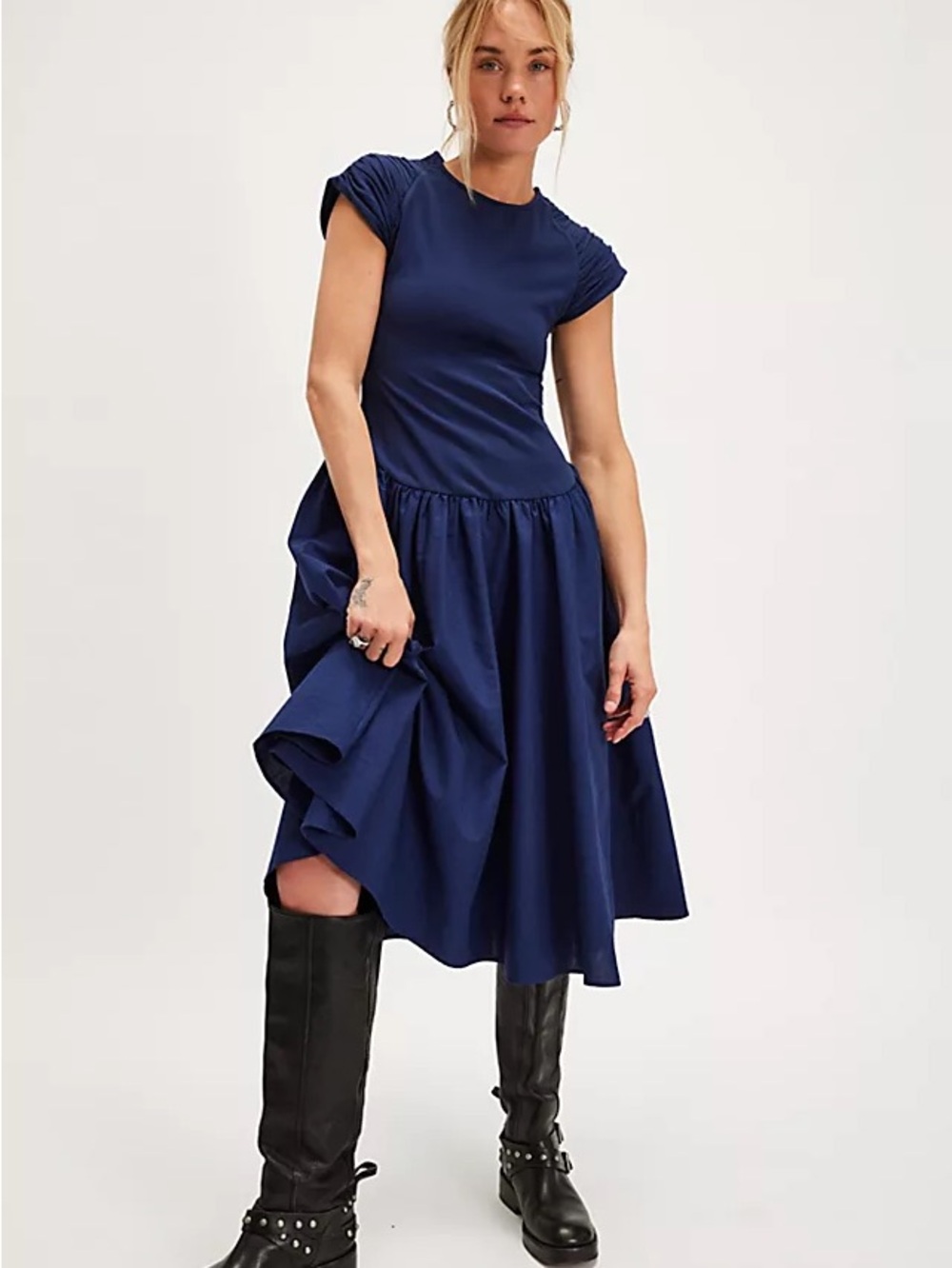Free People Navy Short-Sleeve Gathered Midi Dress